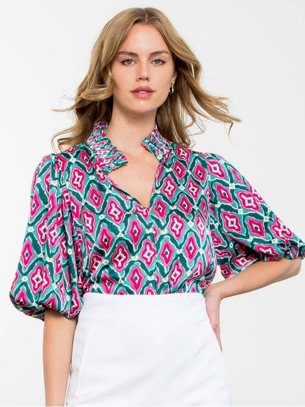 THML Teal and Hot Pink Printed Ruffle-Neck Puff Sleeve Blouse